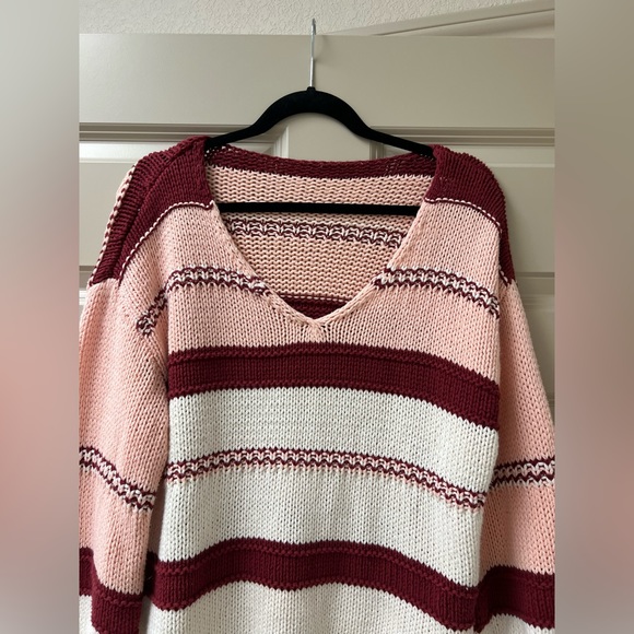 Size small super cute v neck pink and burgandy /white striped sweater. - Picture 3 of 4